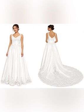 New Emme Bridal 8012 Satin Wedding Gown with Removable Cathedral Train Sz 10